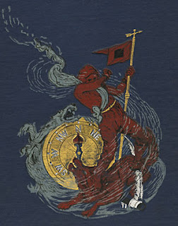 Cover art from A. Greely's Three Years in the Arctic showing a man struggling in a storm with a compass in the background pointed north.