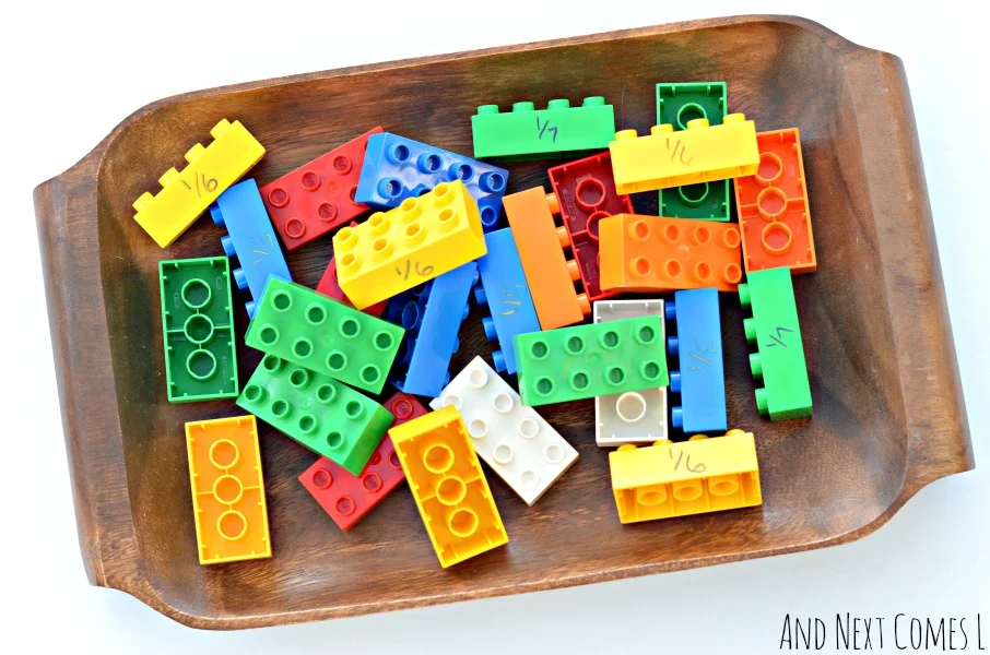 Lego fractions math tray for kids from And Next Comes L