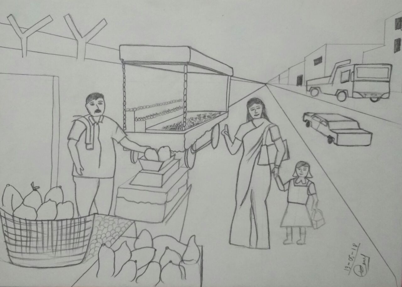 Road side fruit seller and his Customers drawing design