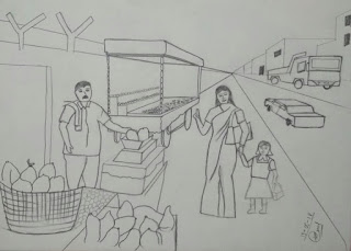 road side fruit seller and his customers drawing design road side fruit seller and his