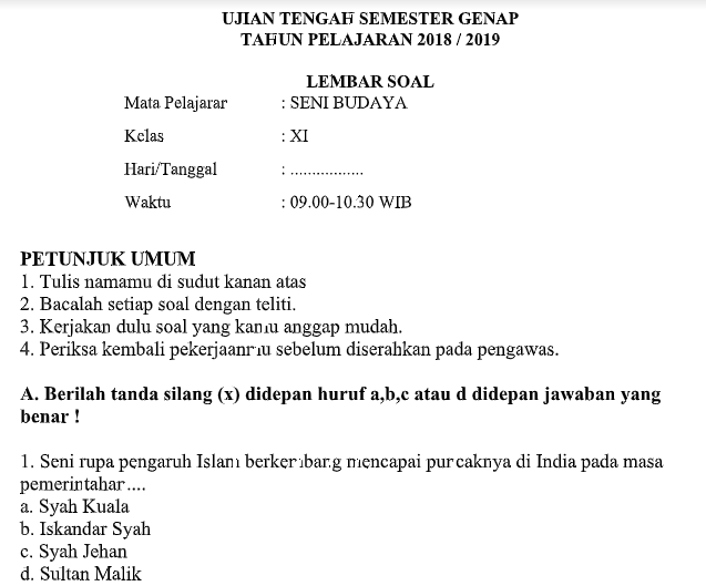 Contoh Soal Uts Seni Budaya Kls 11 Sma Ma Semester 2 Contoh Soal Un Sd Smp Sma