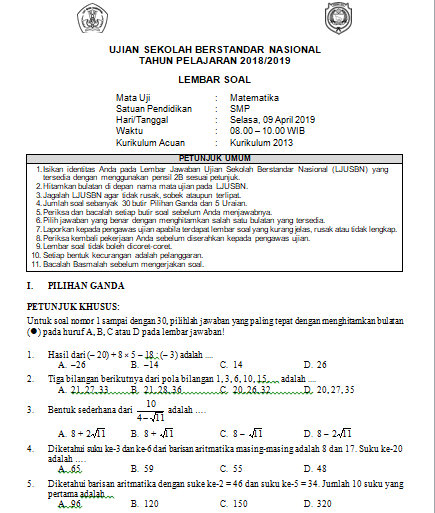 Soal Dan Kunci Jawaban USBN Matematika SMP Kurikulum 2013 Tahun Pelajaran 2018/2019