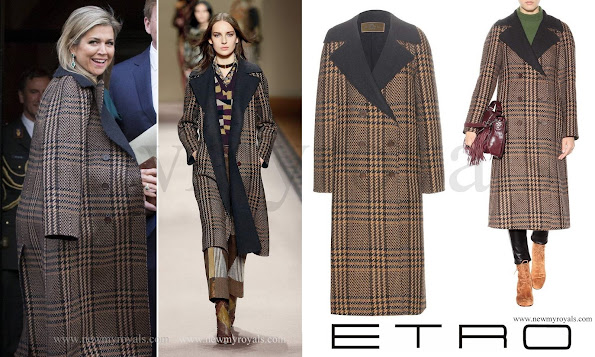 Queen Maxima wore Etro Checked Wool And Alpaca Blend Coat in Brown.
