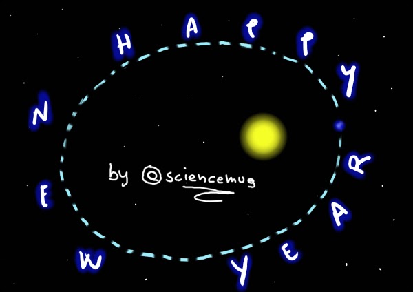 Cartoon: Earth in its annual orbit around the Sun with the writing: "Happy New Year" all along the orbit