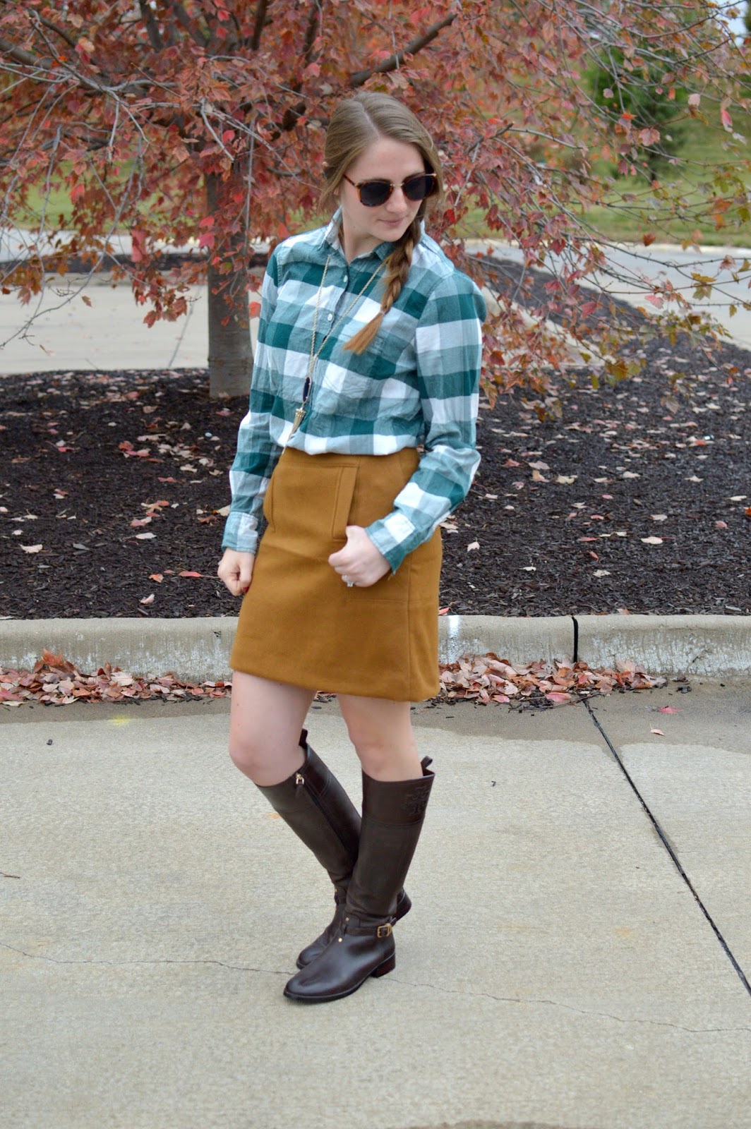 green check top with suede skirt