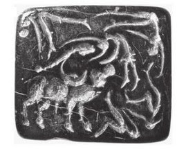Mohenjo-Daro Seal No.312 depicting bull-leaping, from c.2600 -1900BCE. National Museum, New Delhi.