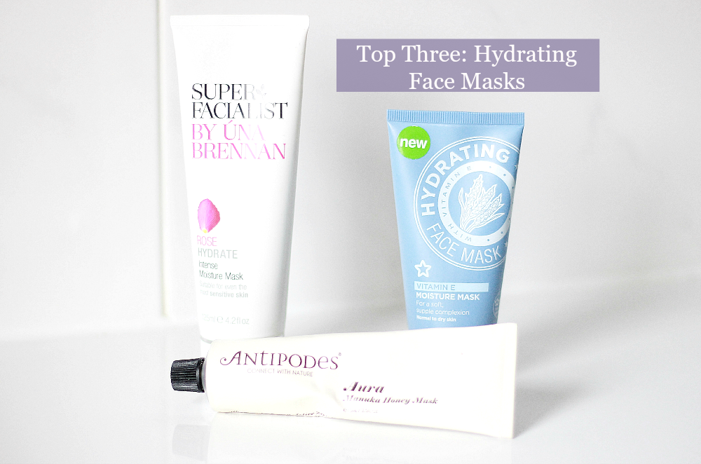 top three hydrating face masks, super facialist rose hydrate intense moisture mask, super drug hydrating face mask, antipodes aura manuka honey mask
