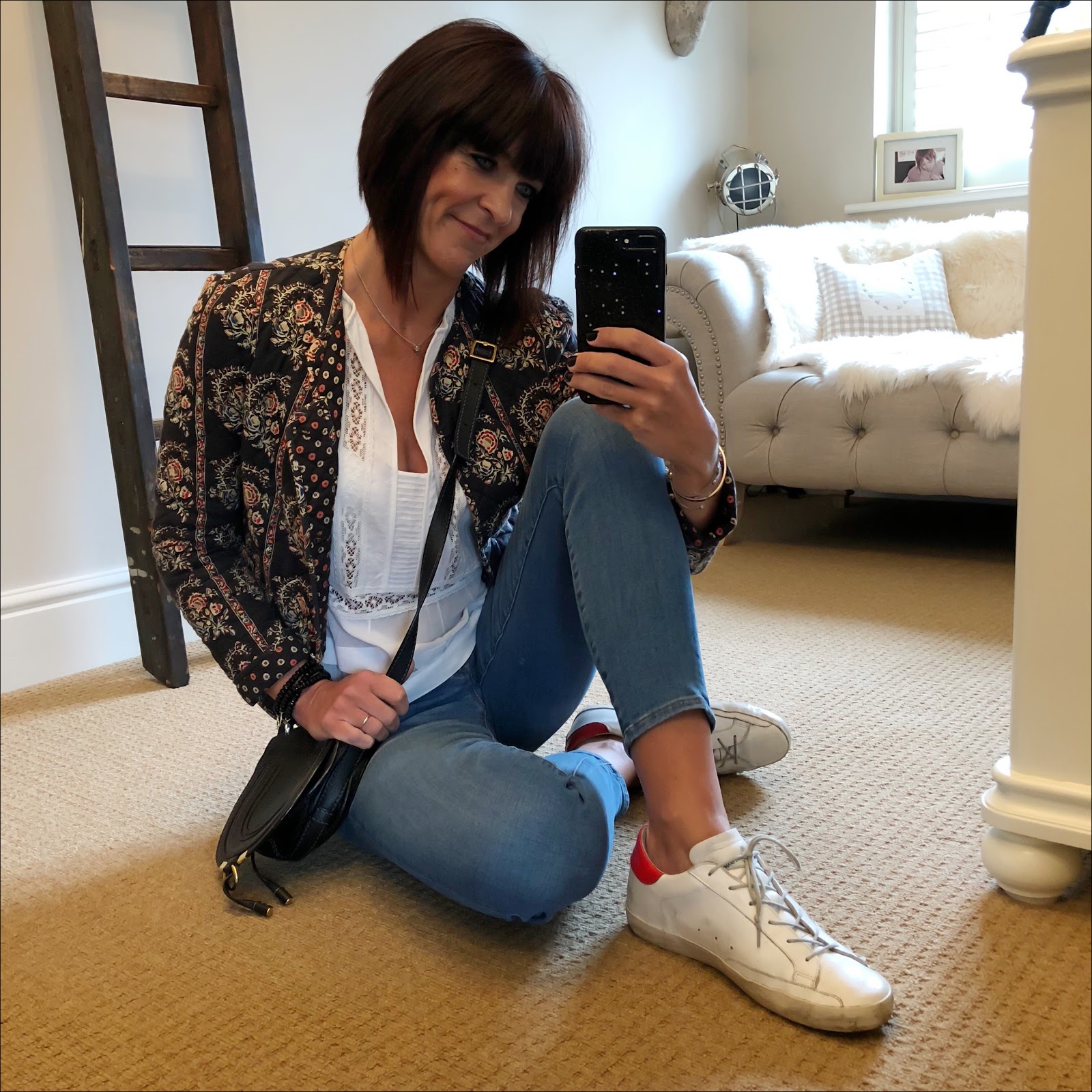 my midlife fashion, isabel marant etoile quilted jacket, isabel marant broderie blouse, j crew 8" toothpick jeans, golden goose superstar low top leather trainers, chloe marcie across body bag