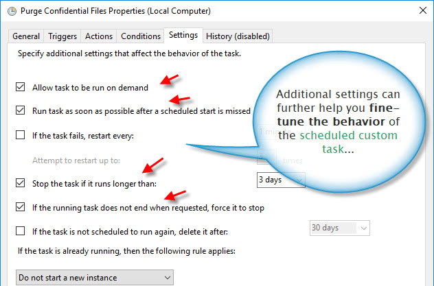 Settings to fine-tune the behavior of the scheduled custom task