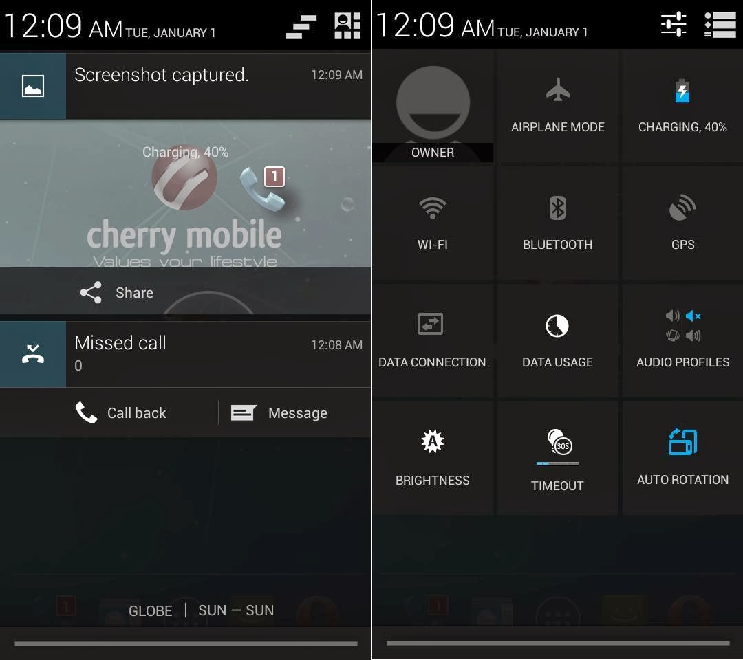 Cherry Mobile Omega XL Notification & Quick Toggle Settings