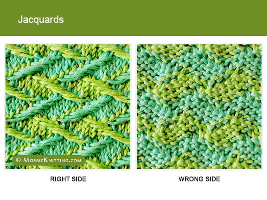 Mosaic Knitting - Two color Slip Stitch Pattern. Right side vs wrong side of the Jacquards stitch