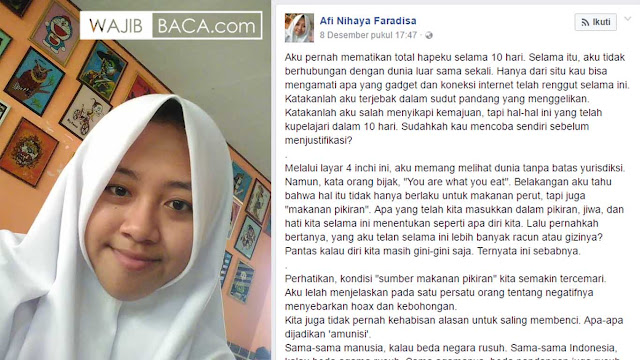 Gadis SMA, Status Facebooknya Sentuh dan Luluhkan Hati Jutaan Netizen