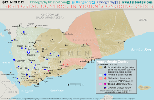 Map of what is happening in Yemen as of December 30, 2016, including territorial control for the Houthi rebels and former president Saleh's forces, president-in-exile Hadi and his allies in the Saudi-led coalition and Southern Movement, Al Qaeda in the Arabian Peninsula (AQAP), and the so-called Islamic State (ISIS/ISIL). Includes recent locations of fighting, including Al Gail, Sirwah, Usaylan, and areas long the Yemen border with Saudi Arabia. Colorblind accessible.