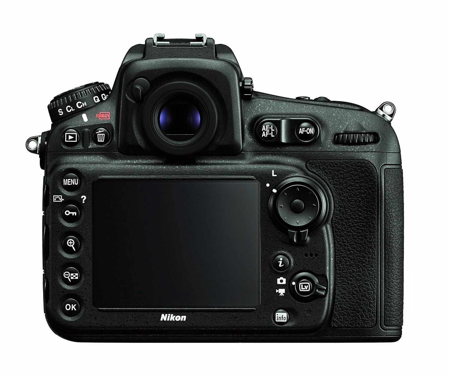 Nikon D810 FX-format Digital SLR Camera, rear view with LCD screen, viewfinder, function buttons