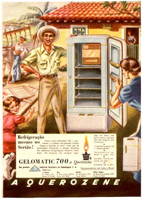 Propaganda da geladeira movida a querosene nos anos 50 (Gelomatic).