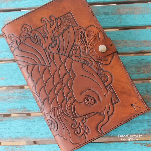 Leather Tooled Book Cover with Koi and Hibiscus!