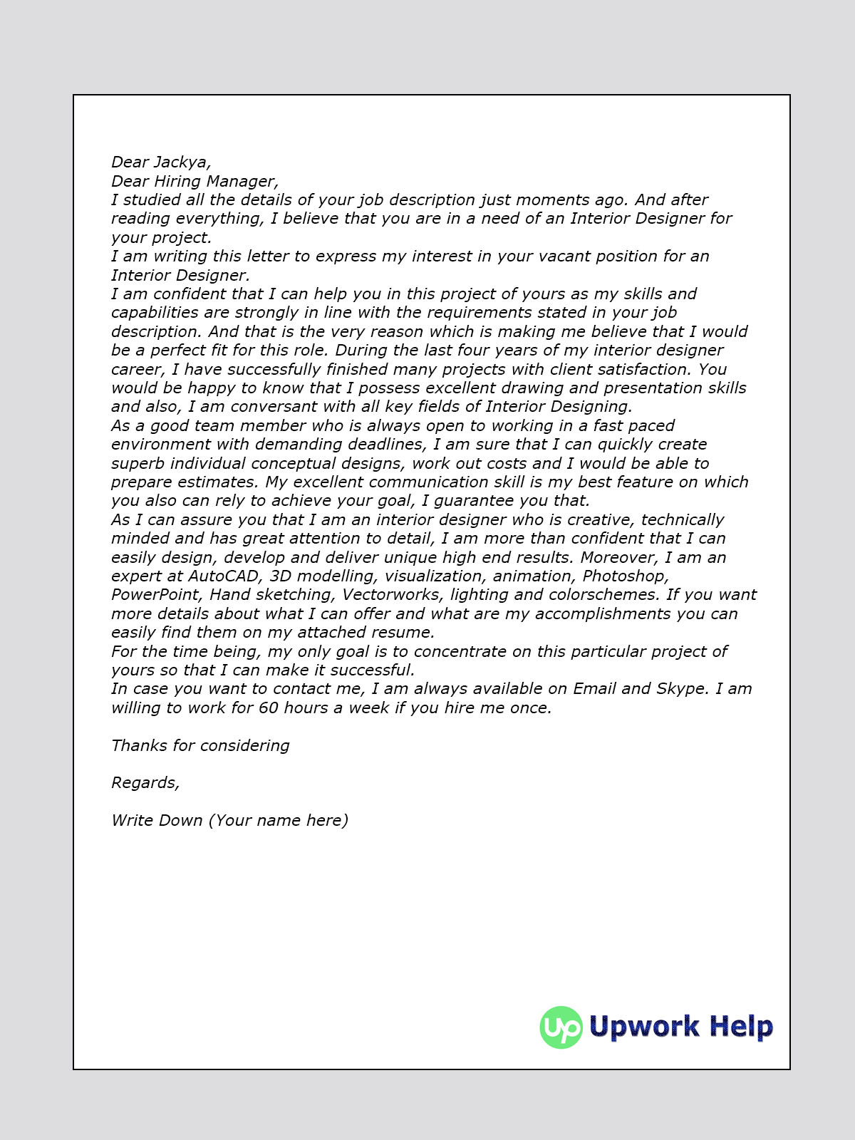 Cover Letter Sample On Interior Design Upwork Help