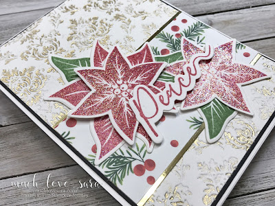 This handmade Christmas card gleams and sparkles with the addition of gold heat embossing, gold mirror paper, and DIY sparkle embossing powder.  Featuring Fun Stampers Journey Christmas Cheer Prints, Poinsettia Burst Stamps, Holiday Script Stamps, and Brocade Imprints Embossing Folder.  To order, visit: funstampersjourney.com/muchlovesara