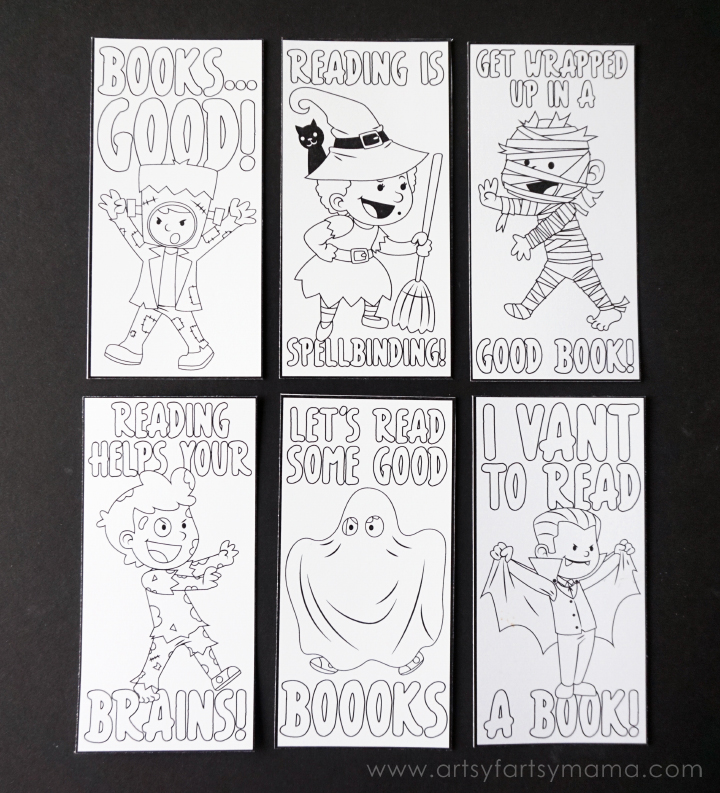 Free Printable Halloween Bookmarks for kids to color at artsyfartsymama.com
