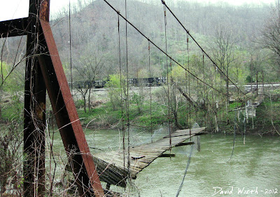 falling down suspension bridge, rusted, river, west virginia, kentucky