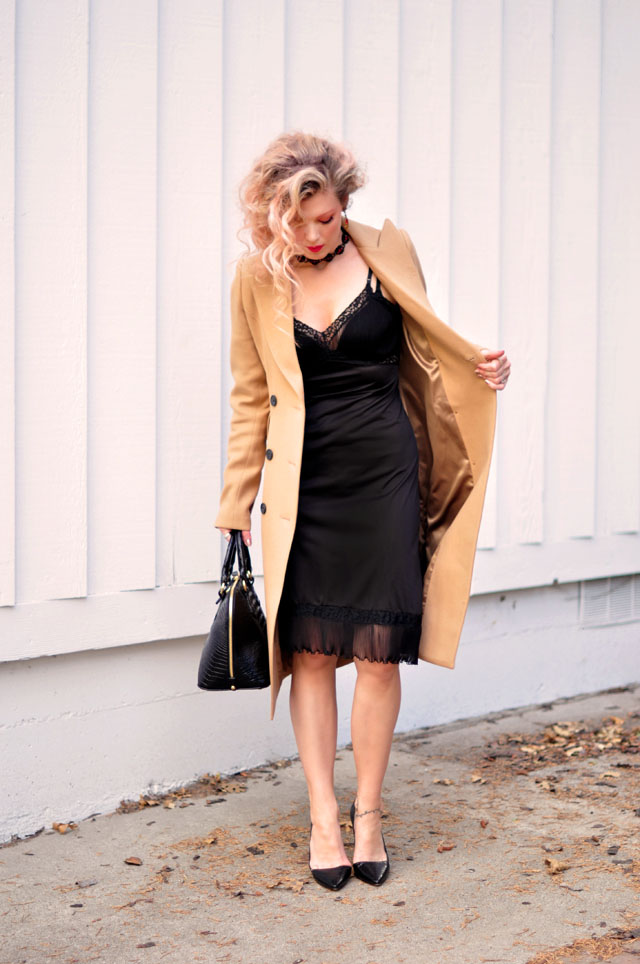 Camel Coat & Vintage Black Slip {dress}