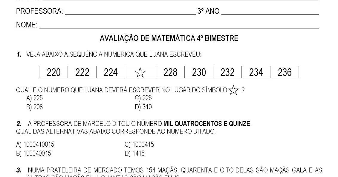 AVALIAÇÃO DE MATEMÁTICA 3º ANO - 4º BIMESTRE - ENSINO FUNDAMENTAL