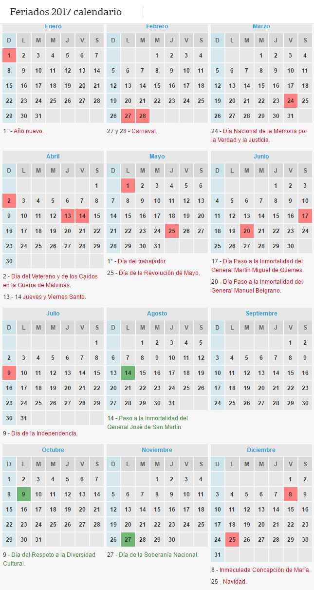 Resultado de imagen para feriados 2017