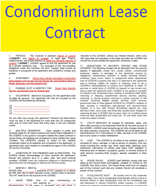 Condominium Lease Contract and agreements in doc word Sample