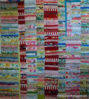 Improv string quilt, Chinese Coins, red, sky blue, green