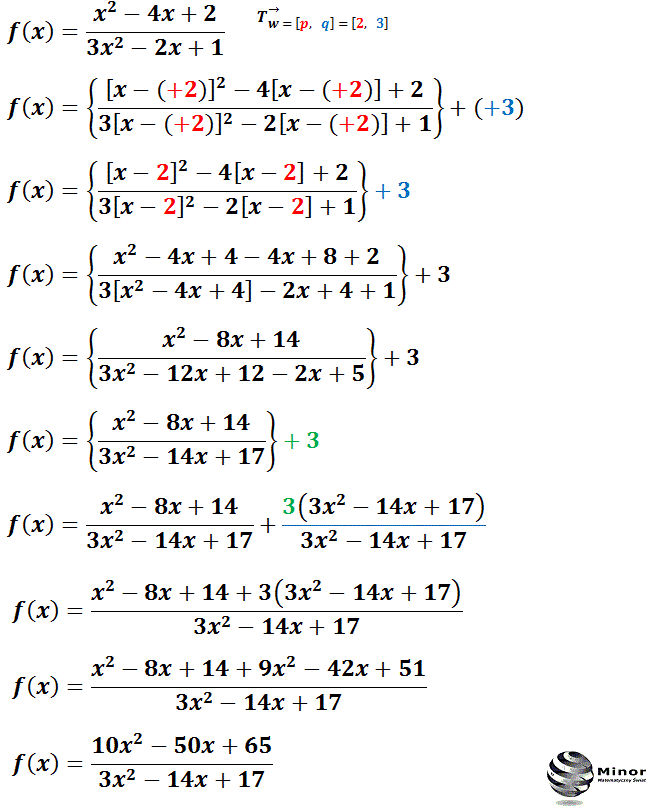 Translacja wykresu funkcji f(x) o wektor [2, 3], polega na przesunięciu wykresu o 2 jednostki w prawą stronę równolegle do osi odciętych (x) i o 3 jednostki w górę równolegle do osi rzędnych (y). Do wzoru funkcji f(x) w miejsce x podstawiamy [x-2] i dodajemy 3.