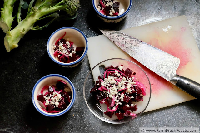 Use small dishes, half cup size, to offer small tastes of this roasted beet appetizer with pickled red onions and gorgonzola cheese.