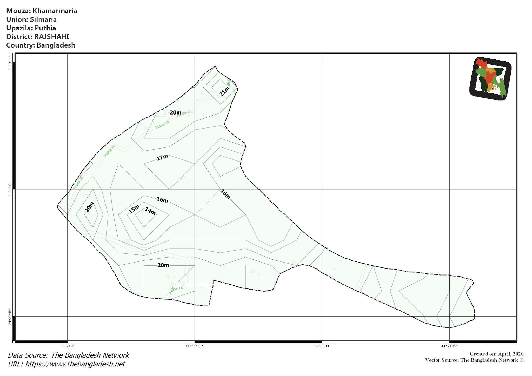 Map of Khamarmaria Mouza of Puthia Upazila, RAJSHAHI, Bangladesh.