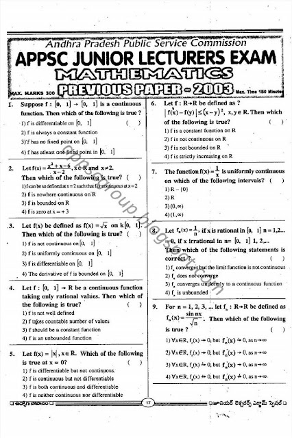 APPSC Junior Lecturers Previous Papers Mathematics