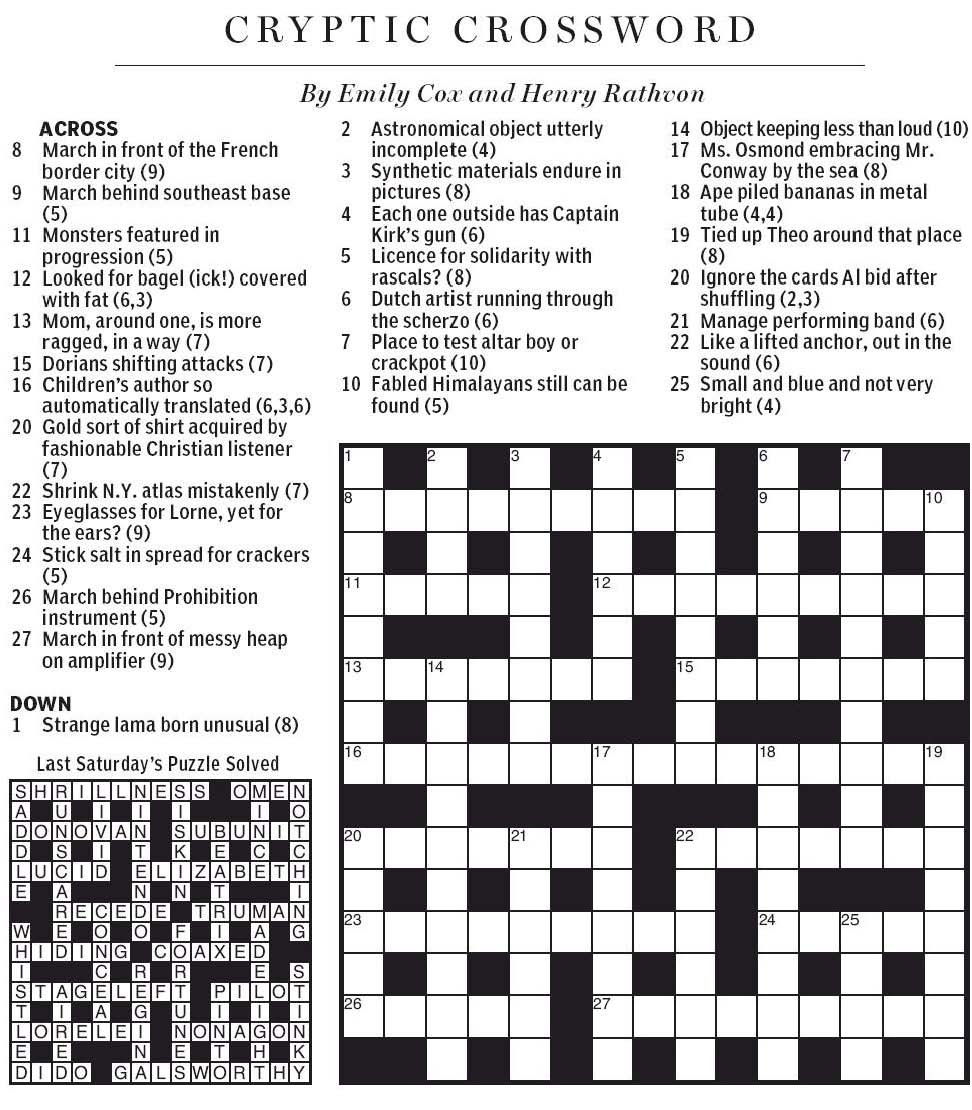 National Post Cryptic Crossword Forum: Saturday, March 2, 2013 — It