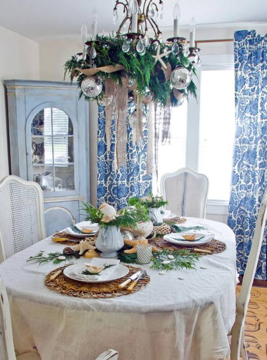 Natural Christmas Table Idea with Greenery and Sea Life