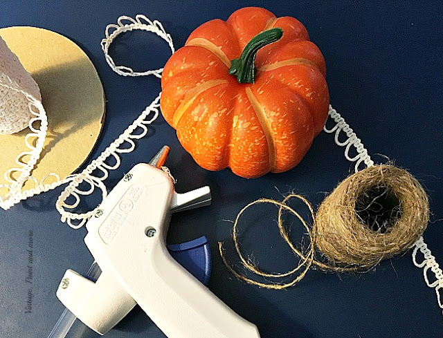 Vintage, Paint and more... supplies needed to make vintage lace pumpkins from dollar store pumpkins using buttonhole trim and twine