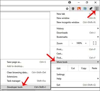 Google Chrome Browser Developer Tools Option