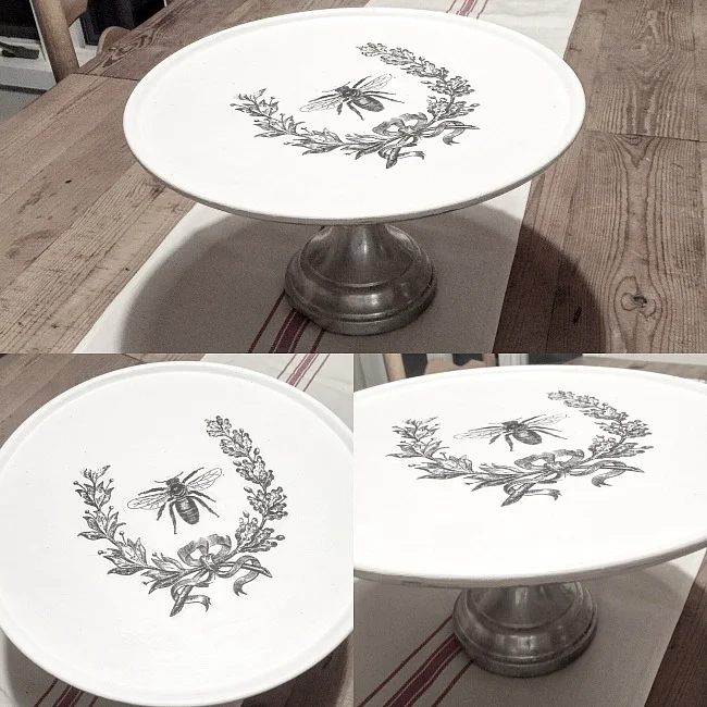 Repurposed Pizza Pedestal Dish with an easy DIY Graphics Fairy Transfer