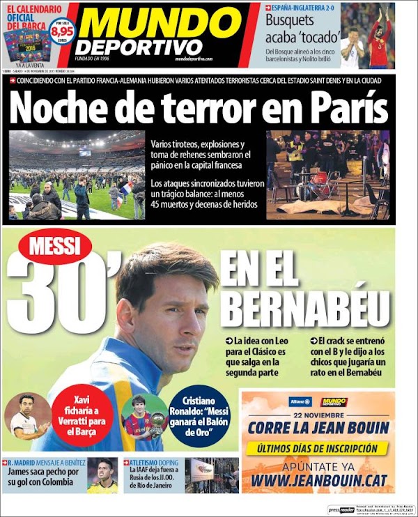 Francia, Mundo Deportivo: "Noche de terror en París"