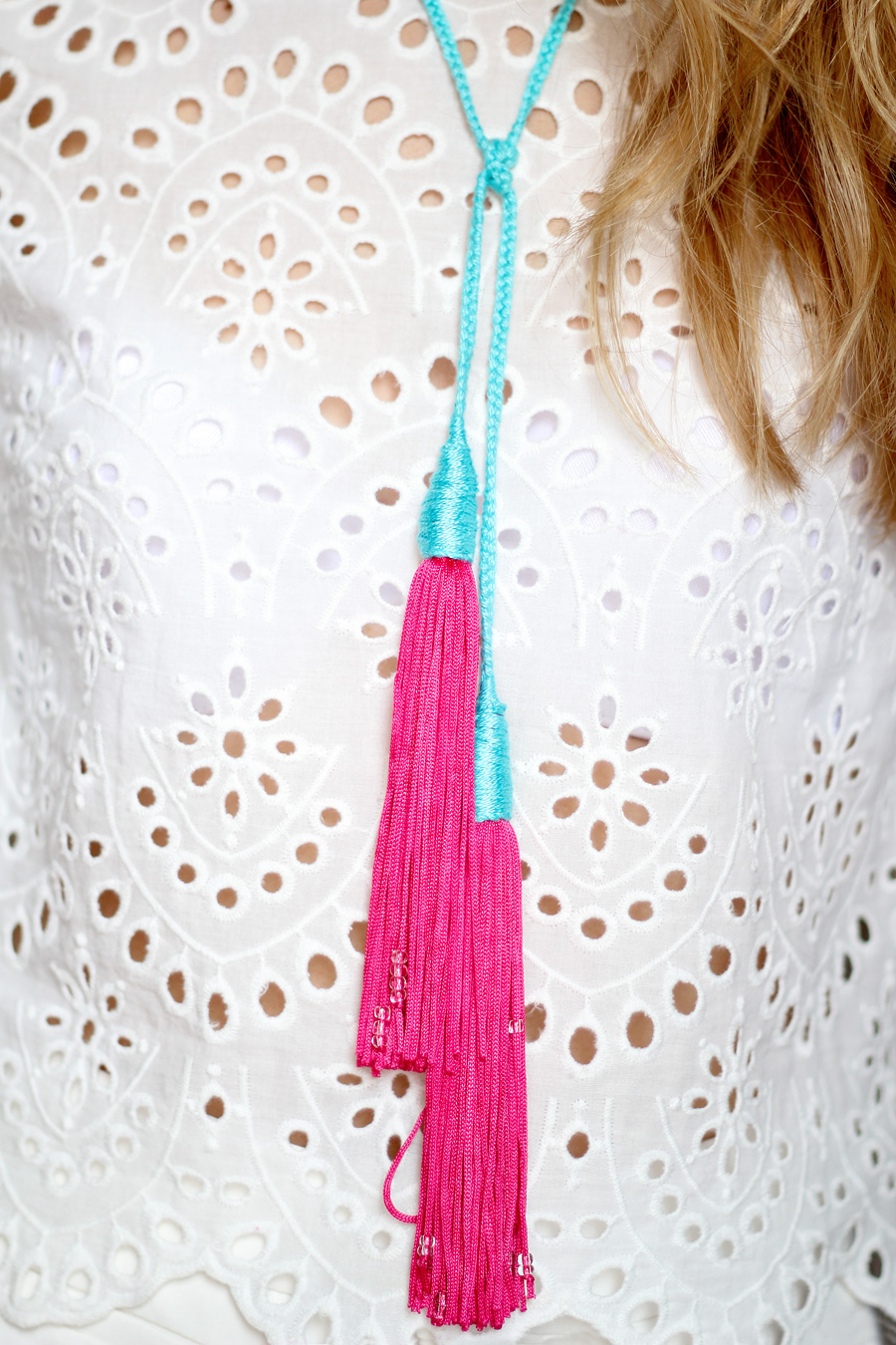DIY braided tassel necklace tutorial, colorful summer accessories