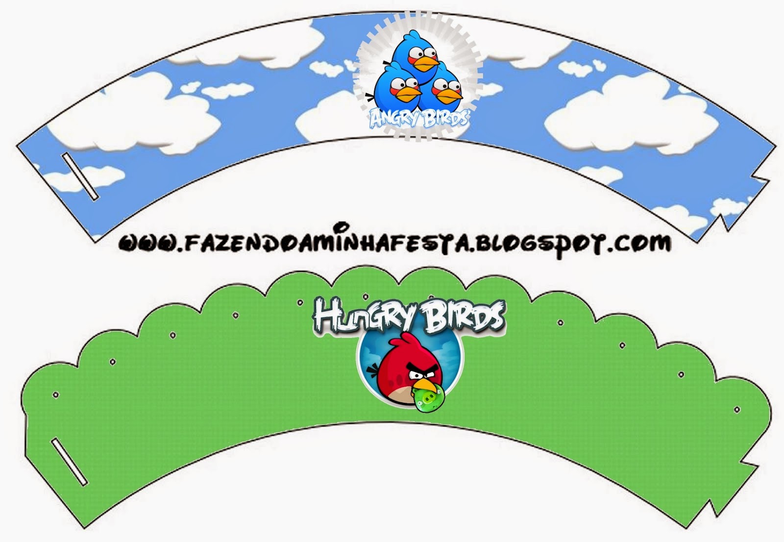 Free Printable Cupcake Wrappers of Angry birds with clouds.