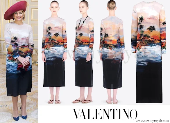 Queen Maxima wears Valentino Hawaiian Long Sleeve Dress