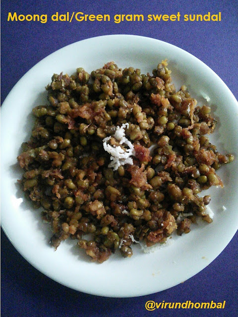 Moong dal/Green gram/Pasipayaru Sweet Sundal  This moong dal(green gram/pasipayaru) sweet sundal is prepared with just 3 ingredients within 15 minutes. My mom prepares this healthy moong dal sweet for Navarathiri poojas. Whole moong dals are simple and easy to cook for poojas. This moong dal sweet sundal is best suitable for kids to include iron, protein and fibre for them. One of the best method to cook them uniformly is we have to soak them for 6 hours. By allowing the dals to soak in plenty of water, gives the perfect texture for any dishes made with green moong dal. So follow the simple instructions and do try this easy and healthy Moong dal with jaggery and coconut for this Navarathiri poojas. 