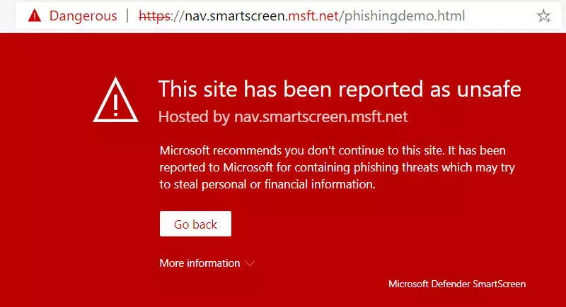 Microsoft Edge blocks the page if it detects it as known for phishing or malware host