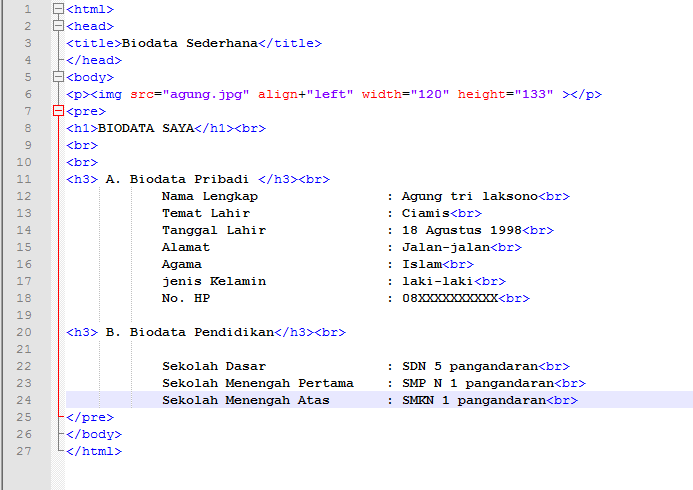 Cara membuat biodata sederhana di html - Belajar Komputer