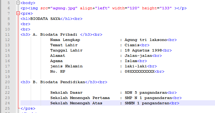 Cara membuat biodata sederhana di html - Belajar Komputer