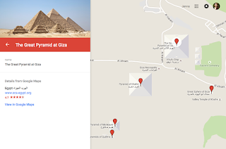 A google maps screen that is zoomed in on the Great Pyramids at Giza. There are mutiple red pinpoints on the map, indicating many pyramids.
