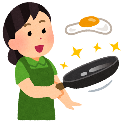 つるつるのフライパンで料理をする人のイラスト