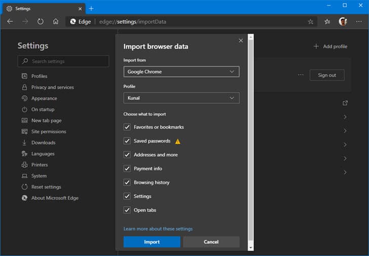 Pick the types of data that you want to import from each browser