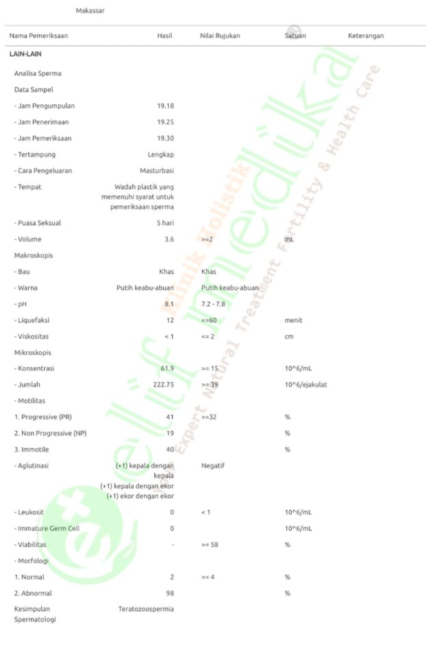 Hasil Tes Sperma : Teratozoospermia (Lab. Prodia) Hasil Tes Sperma : Teratozoospermia (Lab. Prodia)